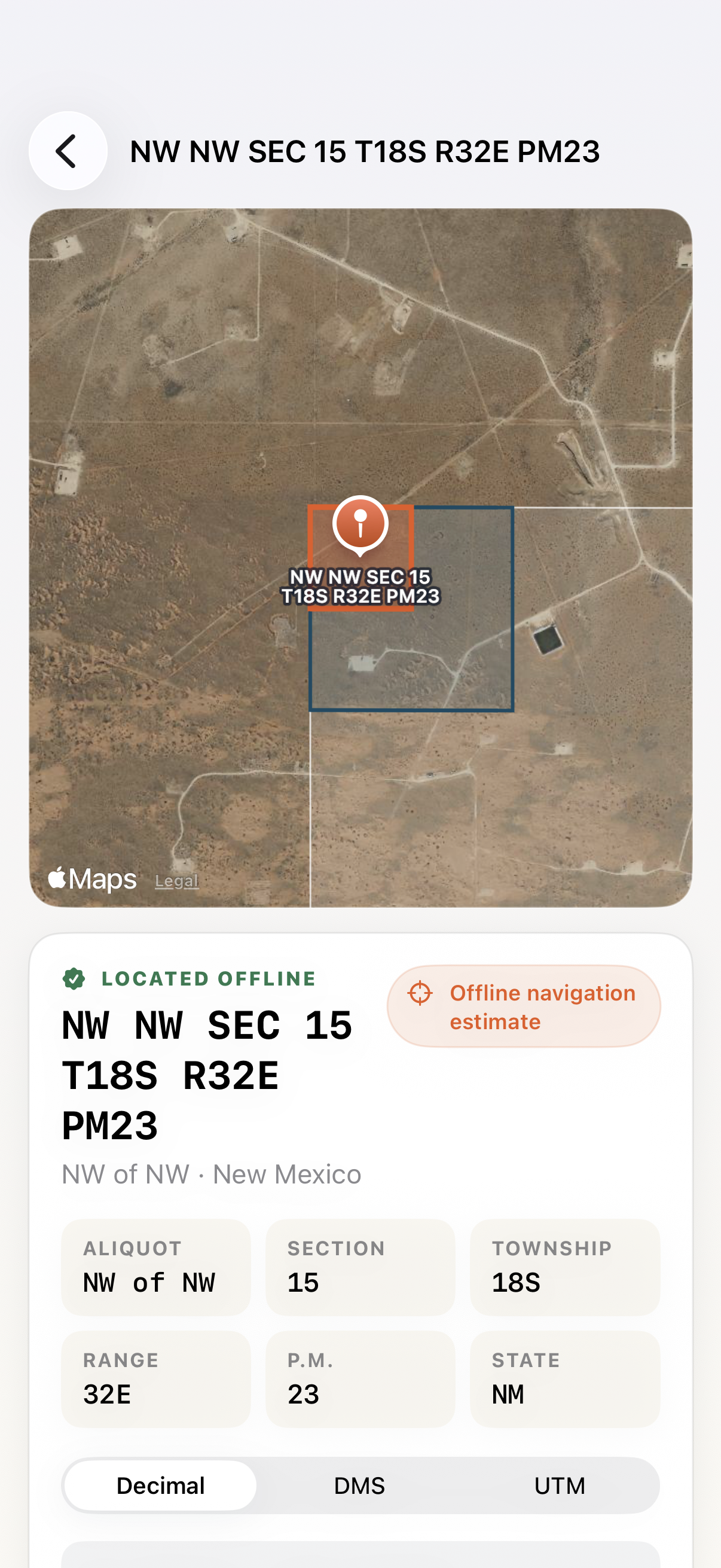 Prairie Grid Pro showing an offline PLSS result