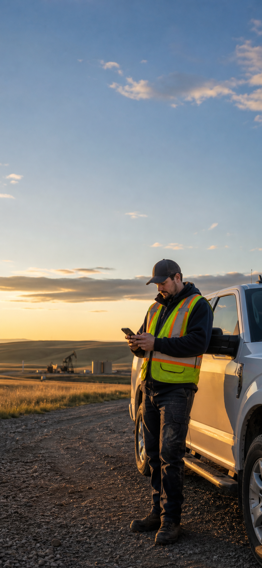 Field worker checking a land location beside a truck
