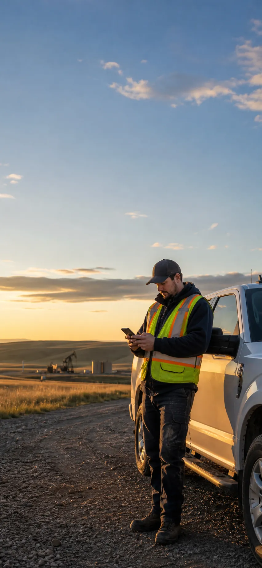 Field worker checking a land location beside a truck