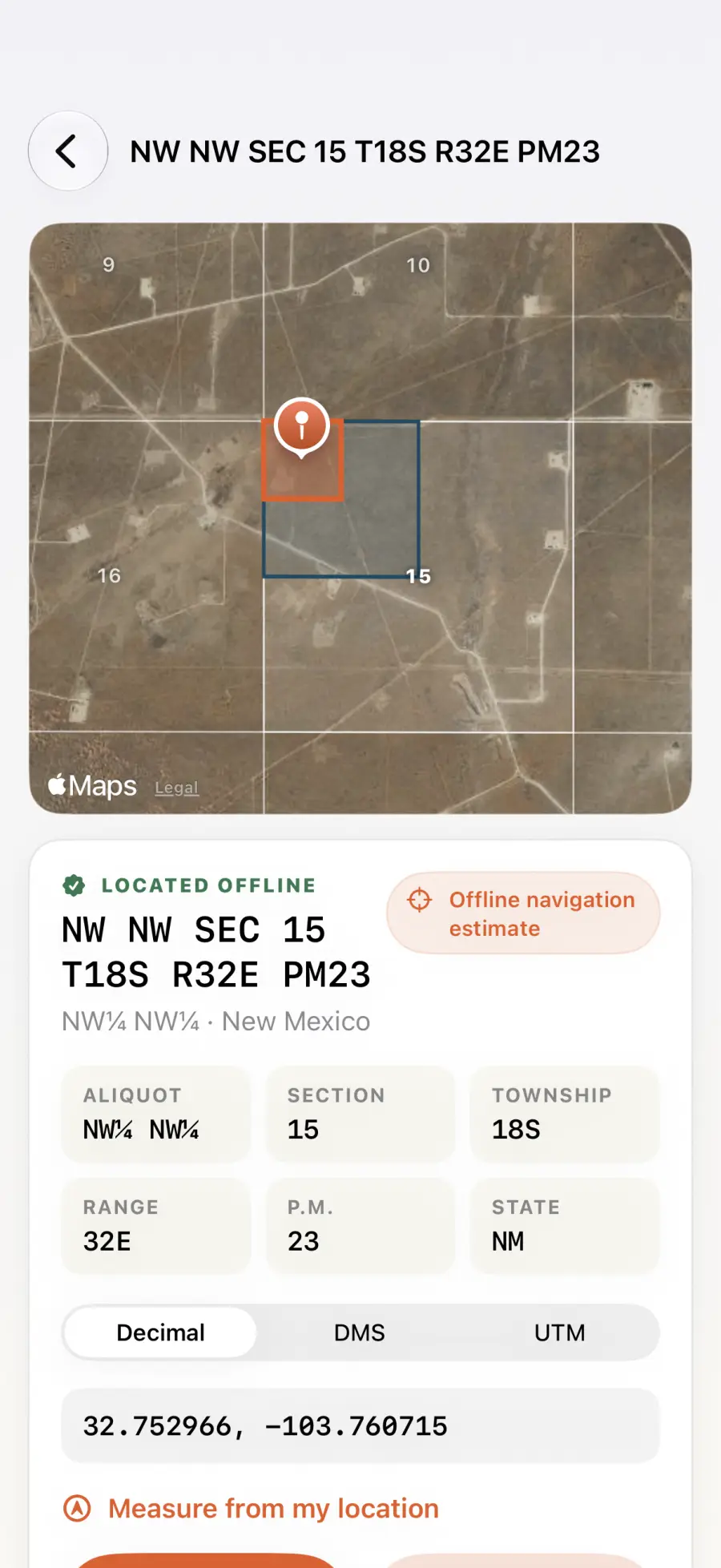 Actual Legal Land Locator PLSS result map and offline location estimate in New Mexico